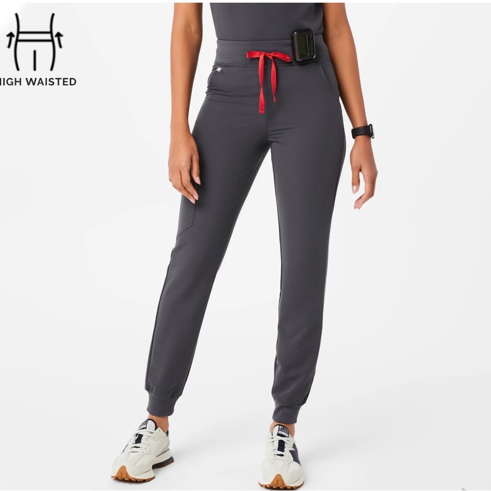 Figs Women's Charcoal Gray Cargo Joggers with Red Drawstring